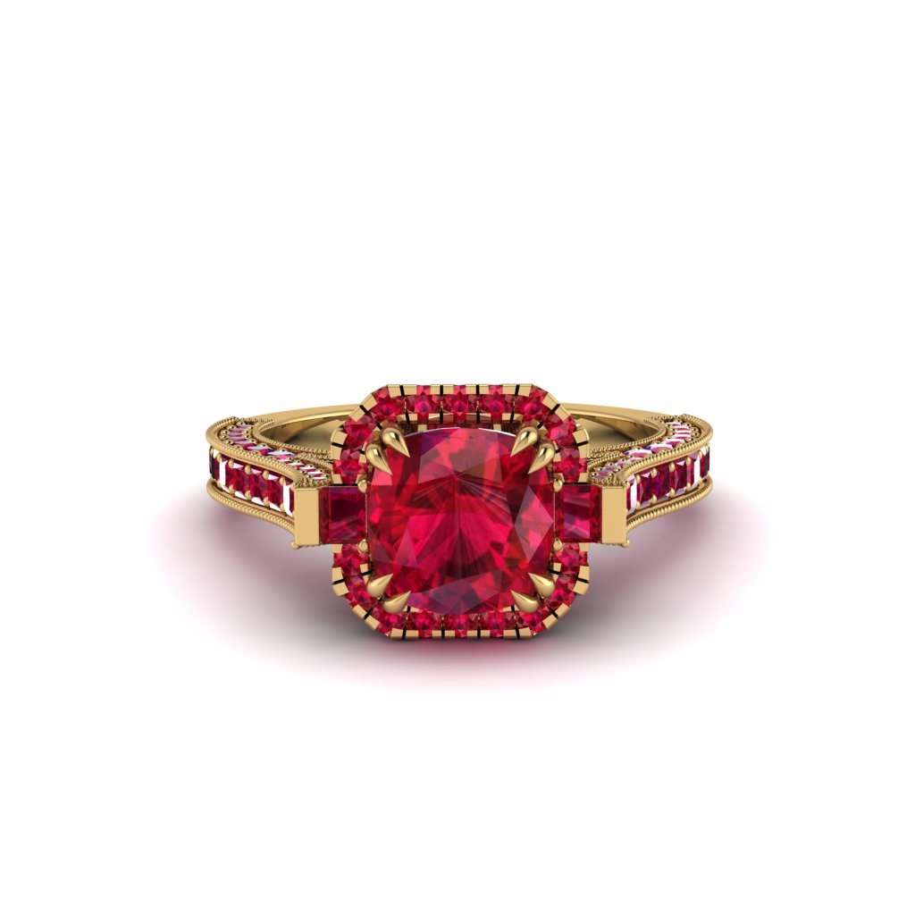 Ruby Three Halo Milgrain Engagement Ring - Mira No. 55
