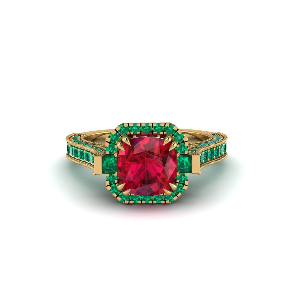 Ruby Three Halo Milgrain Engagement Ring - Mira No. 25