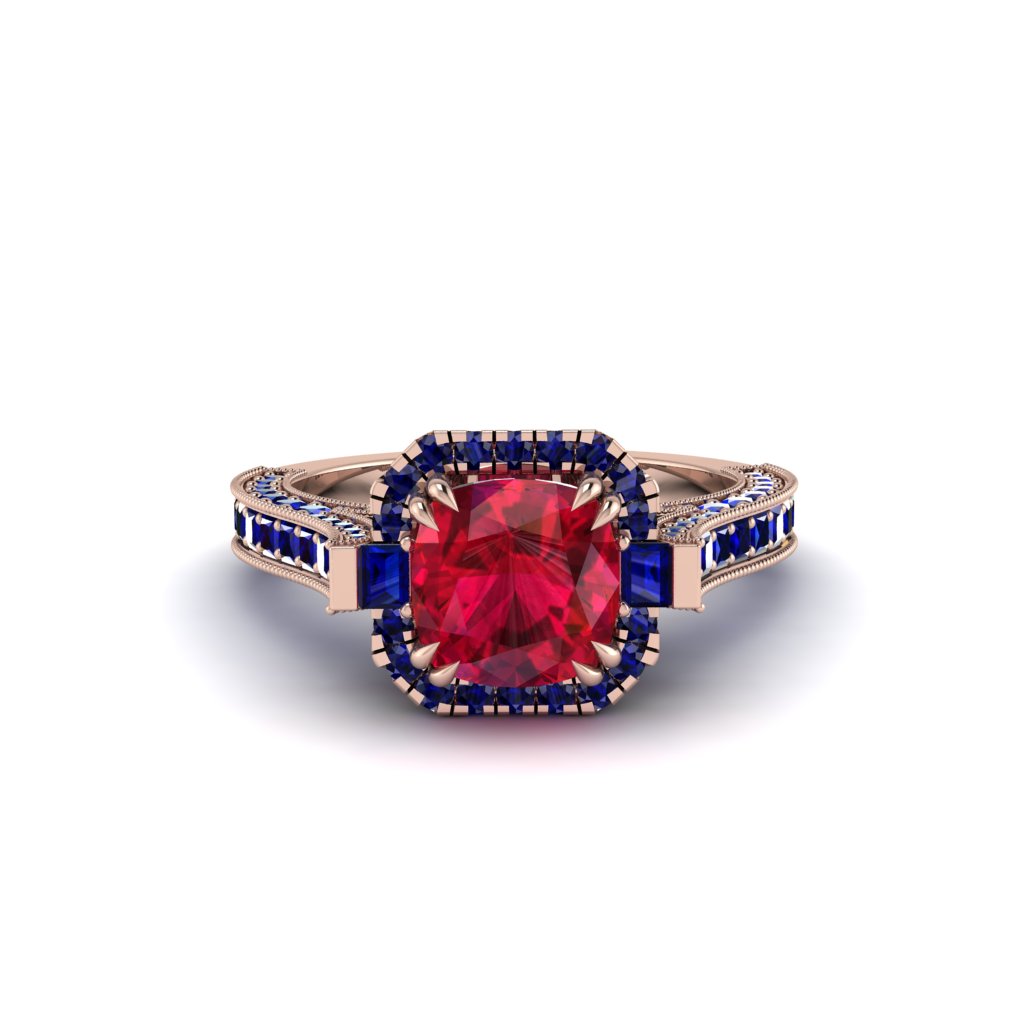 Ruby Three Halo Milgrain Engagement Ring - Mira No. 71
