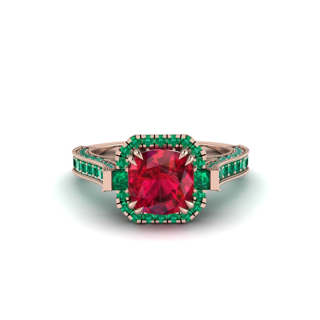 Ruby Three Halo Milgrain Engagement Ring - Mira No. 26