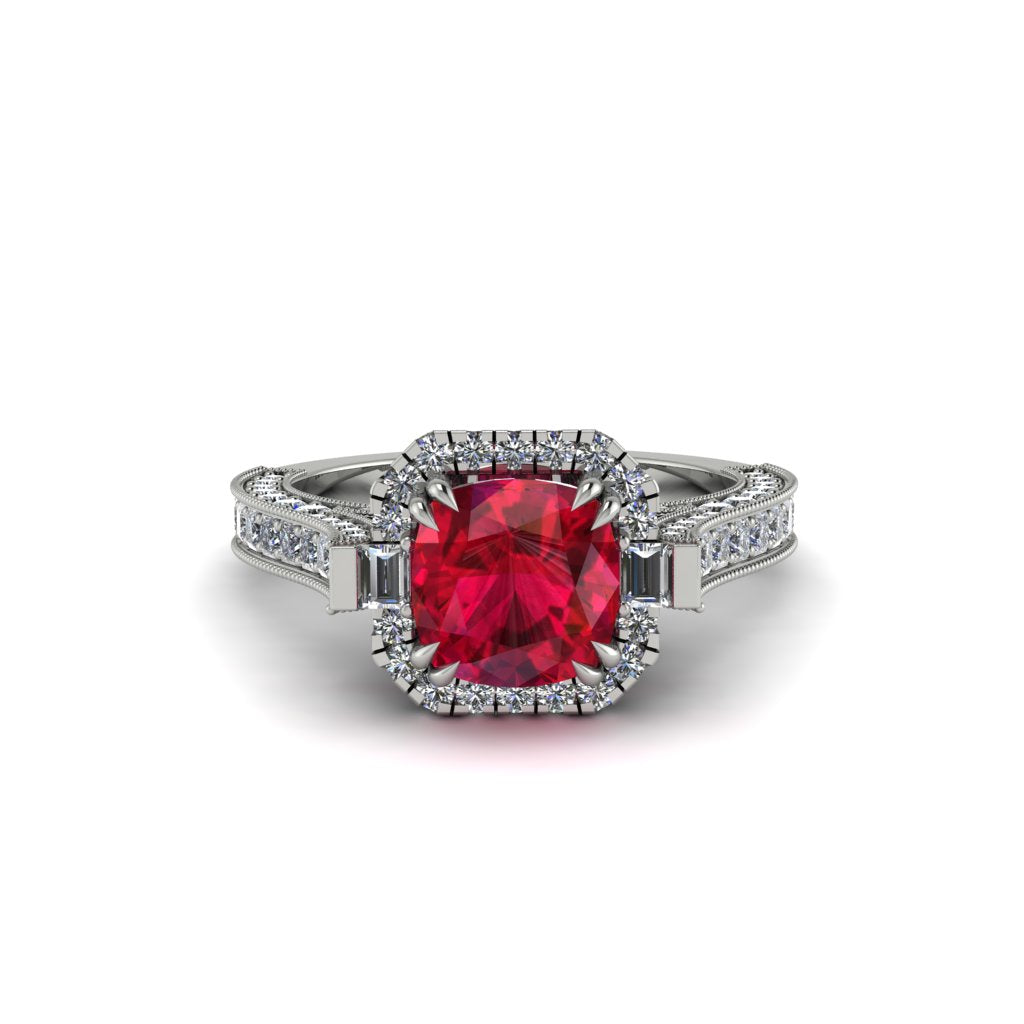 Ruby Three Halo Milgrain Engagement Ring - Mira No. 12