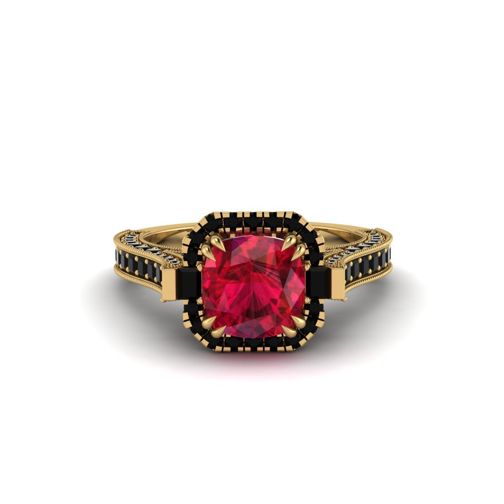 Ruby Three Halo Milgrain Engagement Ring - Mira No. 40
