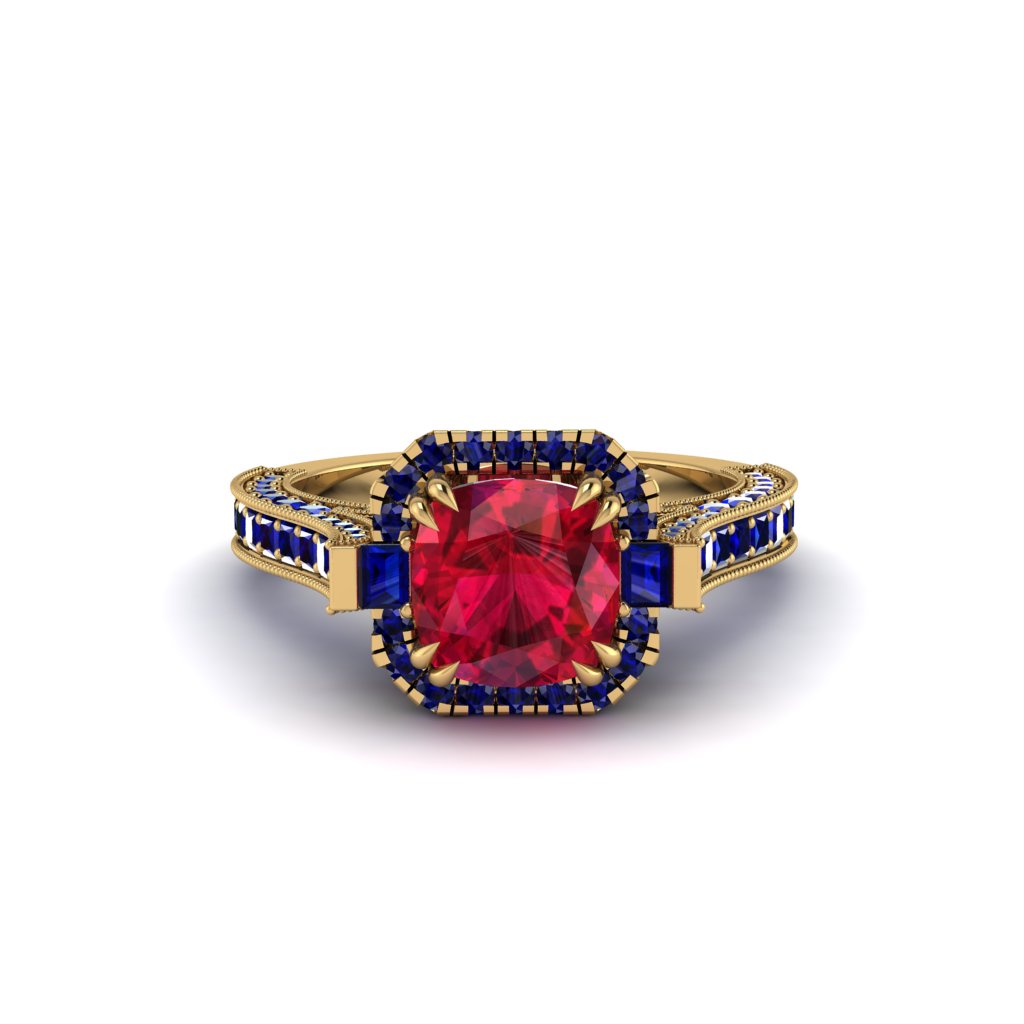 Ruby Three Halo Milgrain Engagement Ring - Mira No. 70