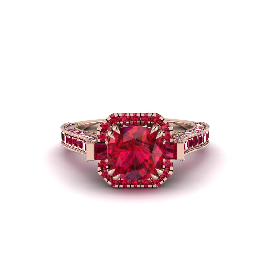 Ruby Three Halo Milgrain Engagement Ring - Mira No. 56