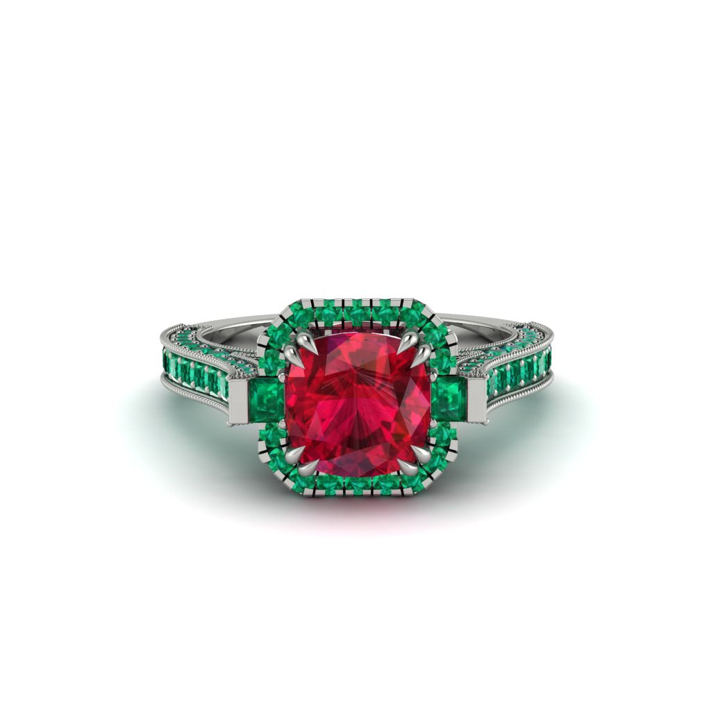 Ruby Three Halo Milgrain Engagement Ring - Mira No. 27