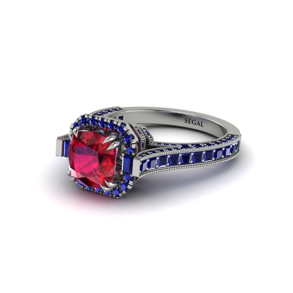Ruby Three Halo Milgrain Engagement Ring - Mira No. 72