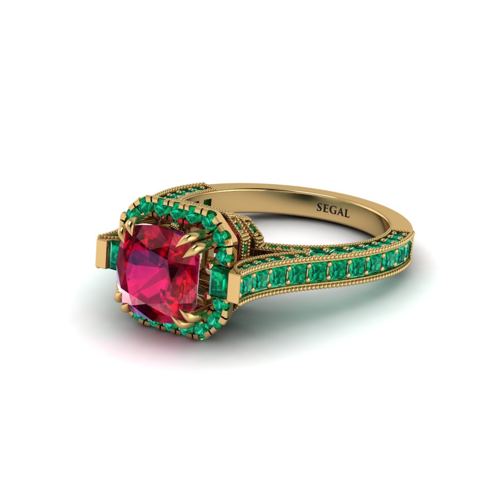 Ruby Three Halo Milgrain Engagement Ring - Mira No. 25