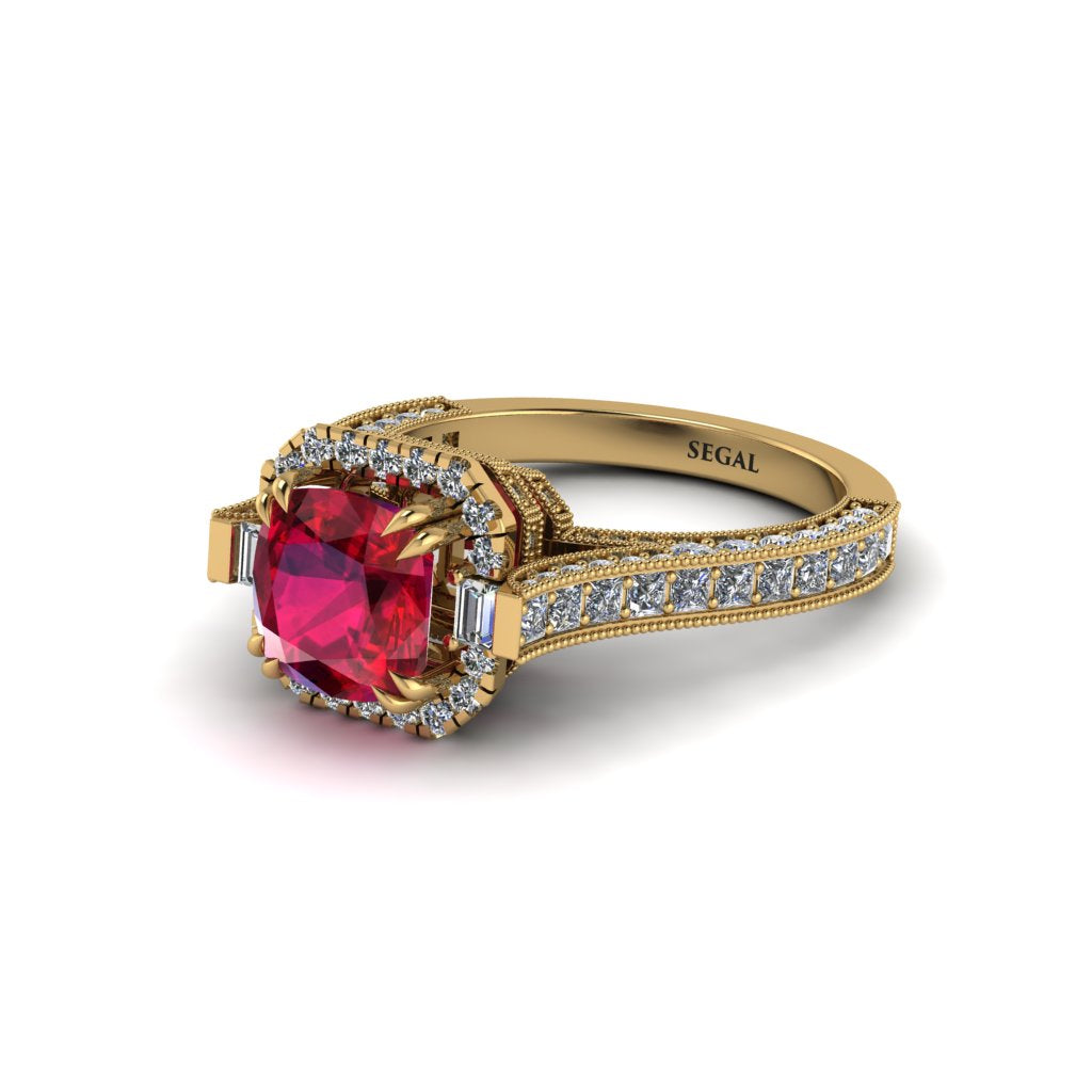 Ruby Three Halo Milgrain Engagement Ring - Mira No. 10