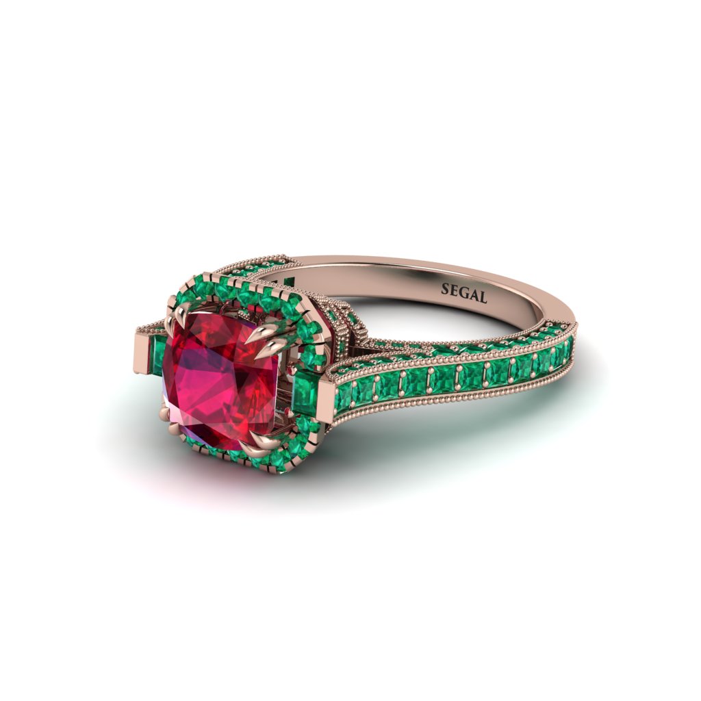 Ruby Three Halo Milgrain Engagement Ring - Mira No. 26
