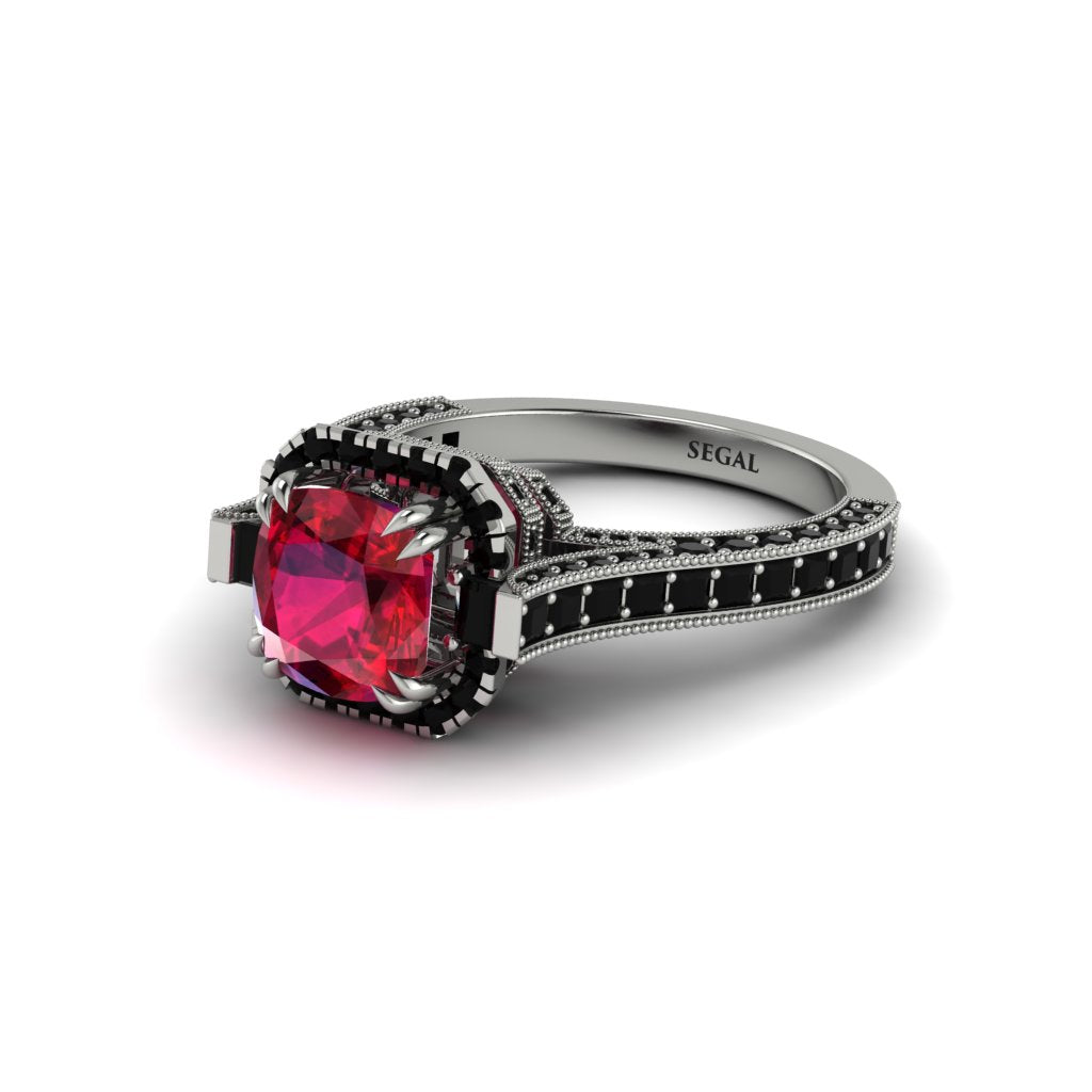 Ruby Three Halo Milgrain Engagement Ring - Mira No. 42