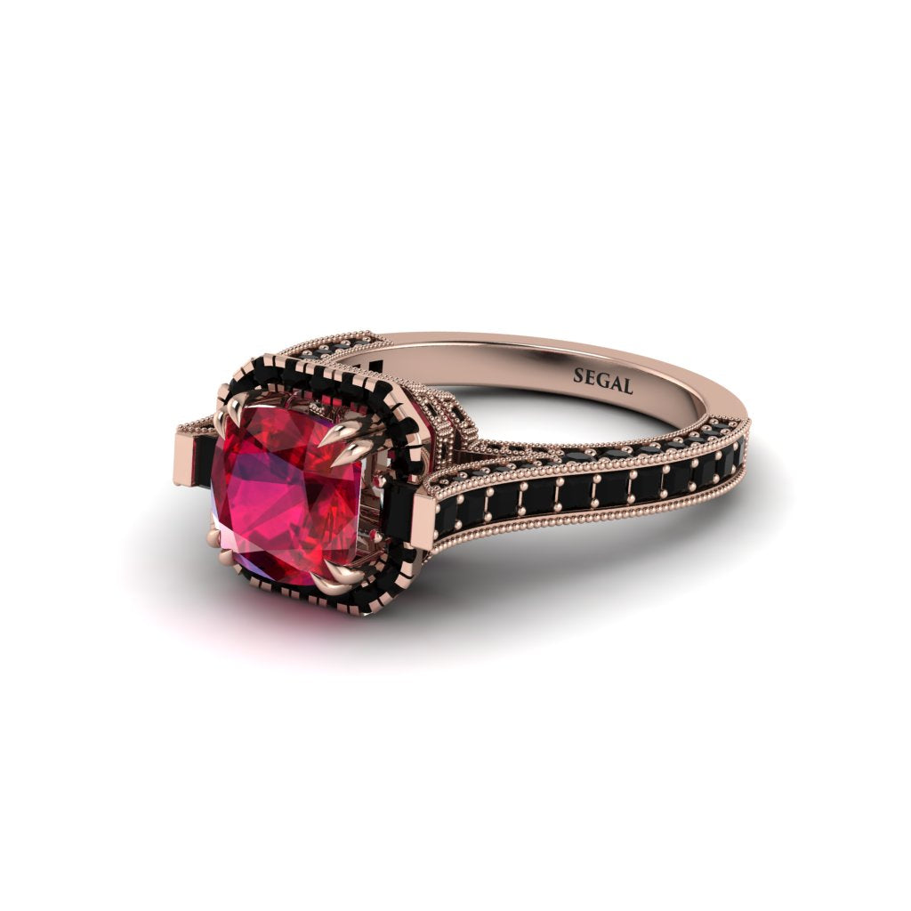 Ruby Three Halo Milgrain Engagement Ring - Mira No. 41