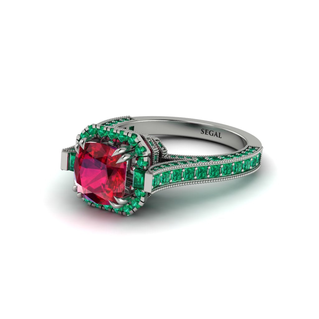 Ruby Three Halo Milgrain Engagement Ring - Mira No. 27