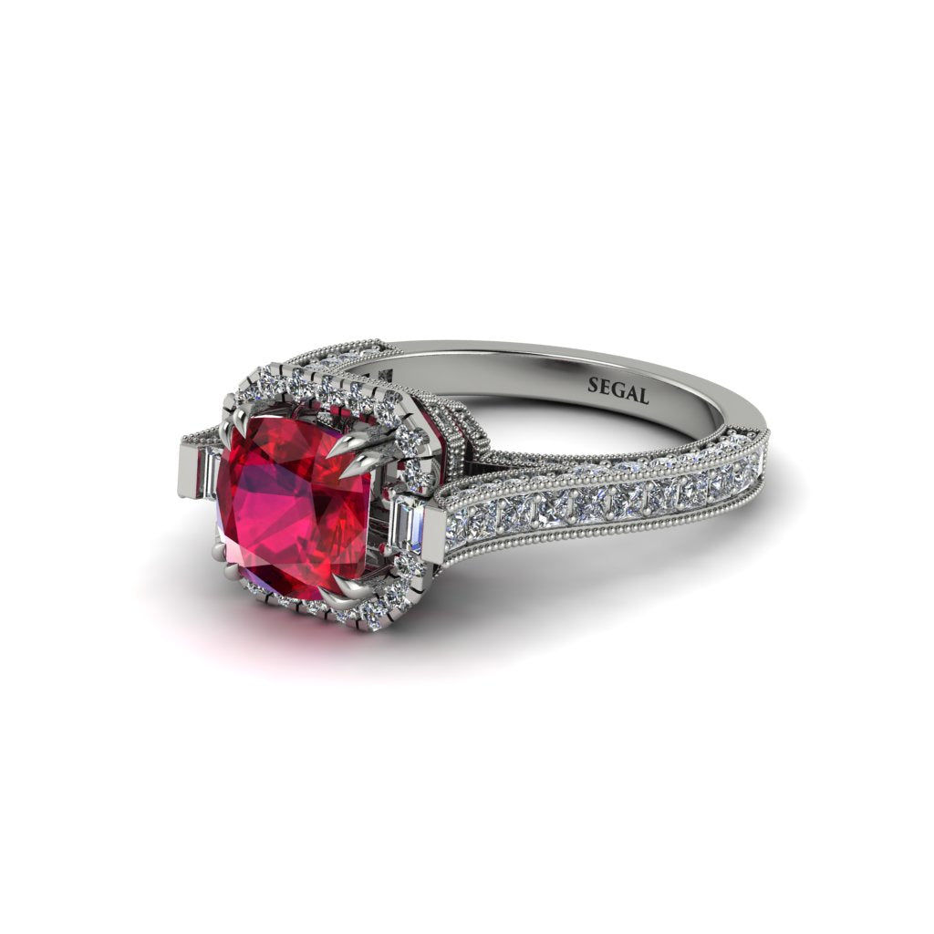 Ruby Three Halo Milgrain Engagement Ring - Mira No. 12