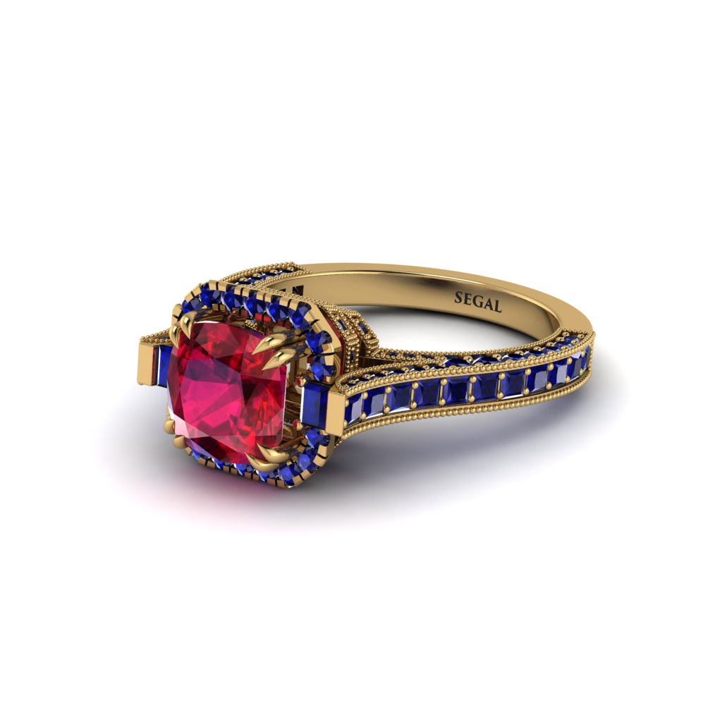 Ruby Three Halo Milgrain Engagement Ring - Mira No. 70