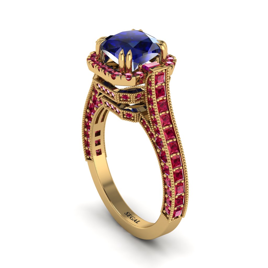 Sapphire Three Halo Milgrain Engagement Ring - Mira No. 58