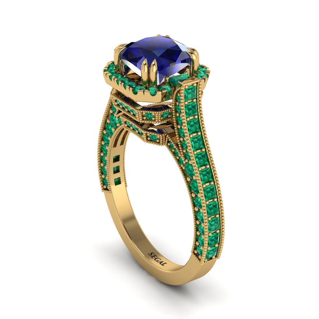 Sapphire Three Halo Milgrain Engagement Ring - Mira No. 28