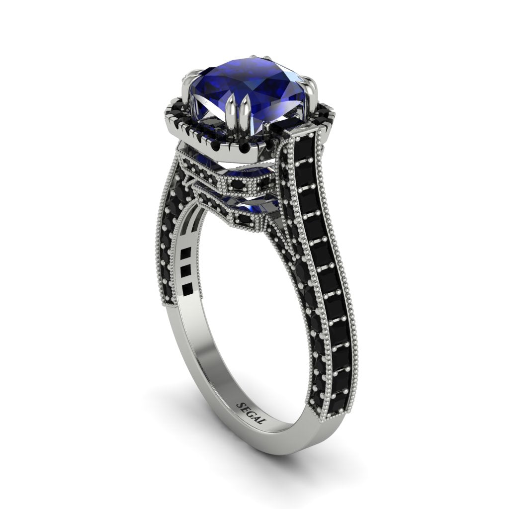 Sapphire Three Halo Milgrain Engagement Ring - Mira No. 45