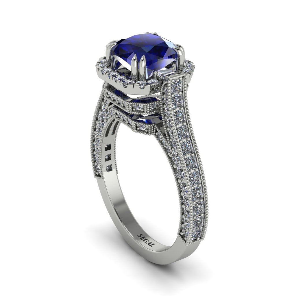 Sapphire Three Halo Milgrain Engagement Ring - Mira No. 15