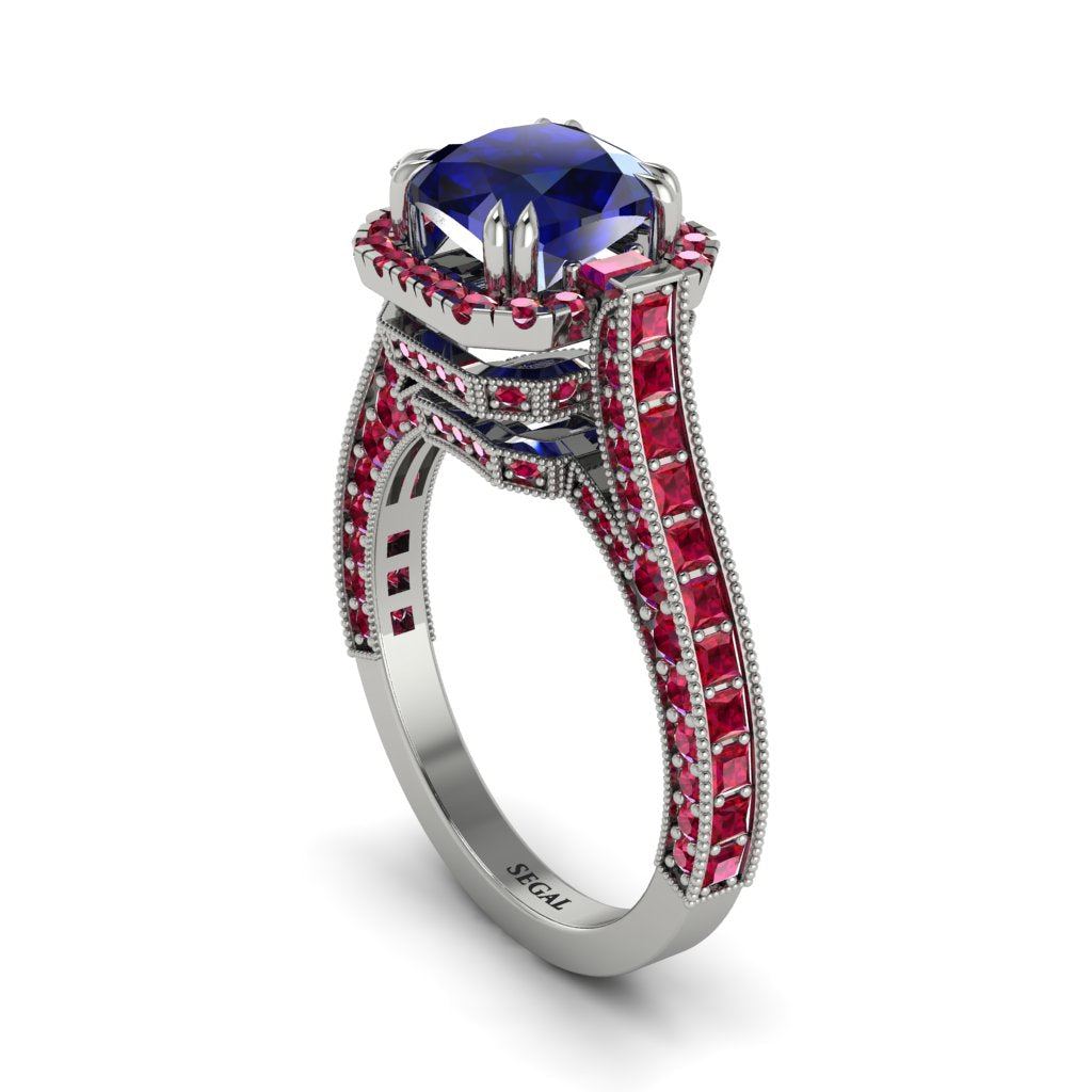 Sapphire Three Halo Milgrain Engagement Ring - Mira No. 60
