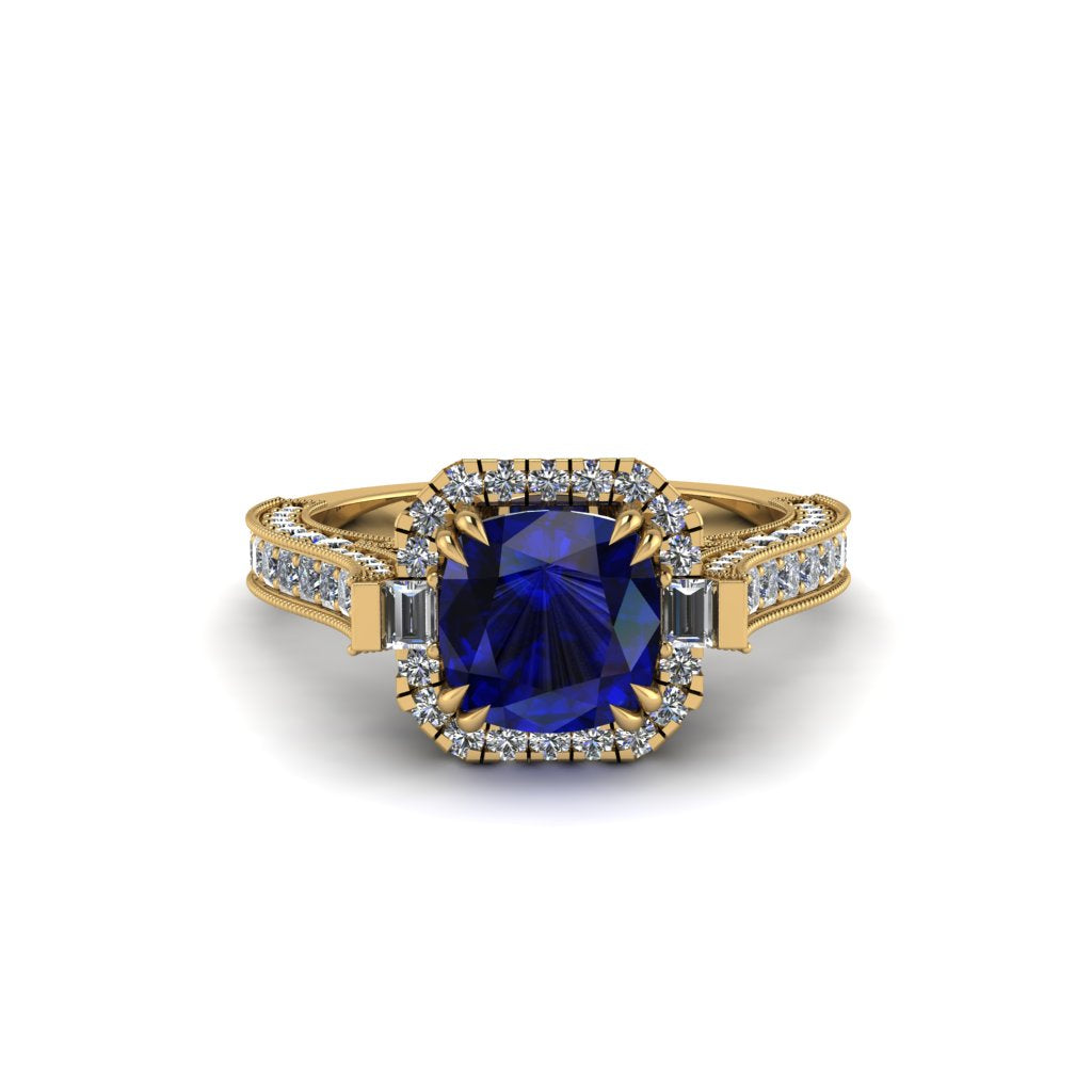 Sapphire Three Halo Milgrain Engagement Ring - Mira No. 13