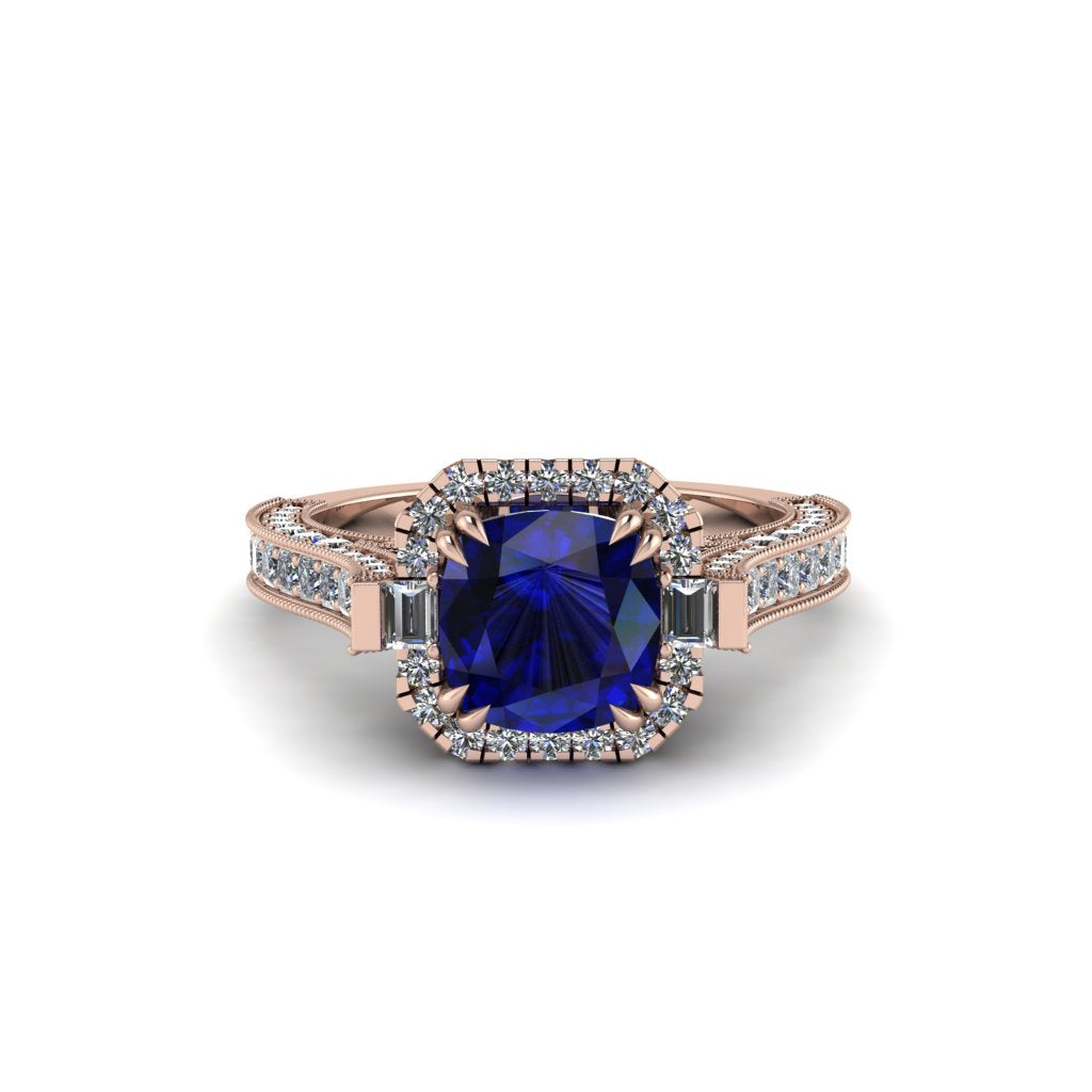 Sapphire Three Halo Milgrain Engagement Ring - Mira No. 14