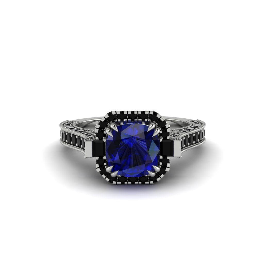 Sapphire Three Halo Milgrain Engagement Ring - Mira No. 45