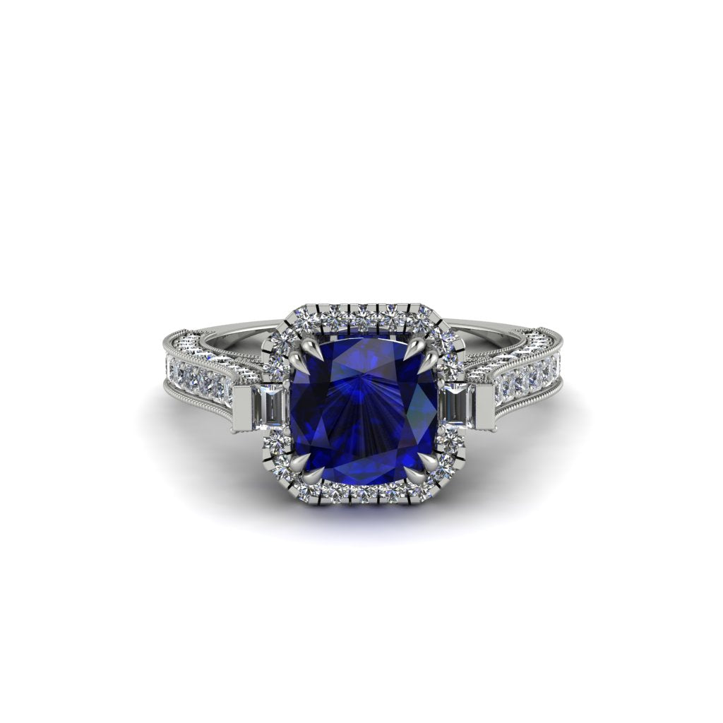 Sapphire Three Halo Milgrain Engagement Ring - Mira No. 15