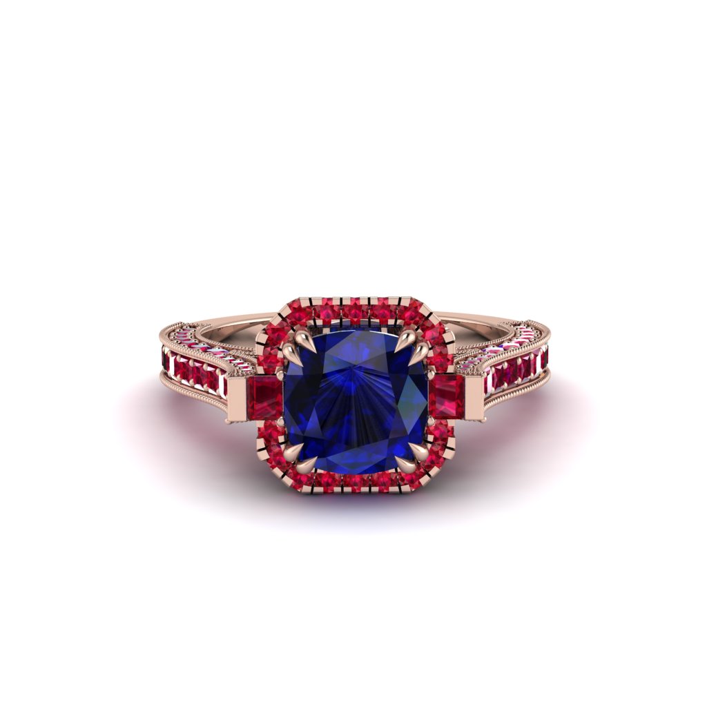 Sapphire Three Halo Milgrain Engagement Ring - Mira No. 59