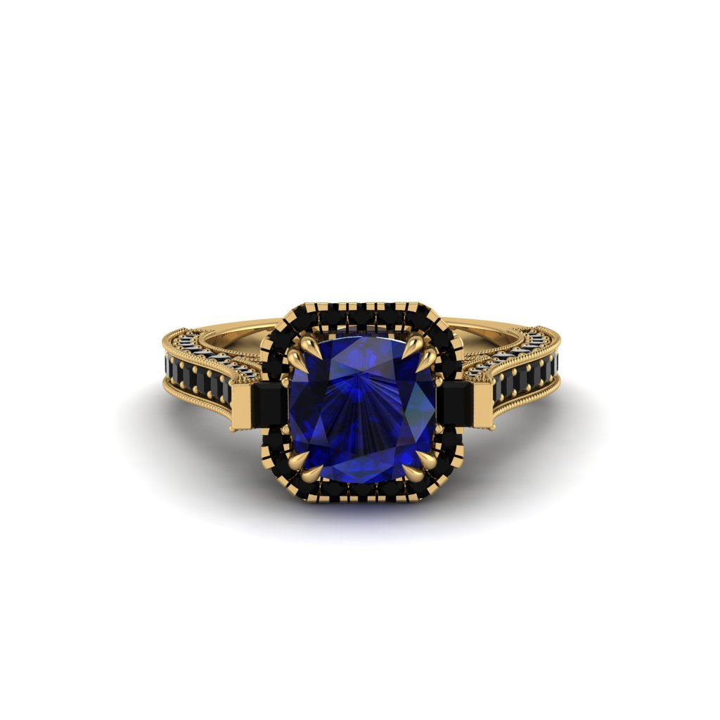 Sapphire Three Halo Milgrain Engagement Ring - Mira No. 43