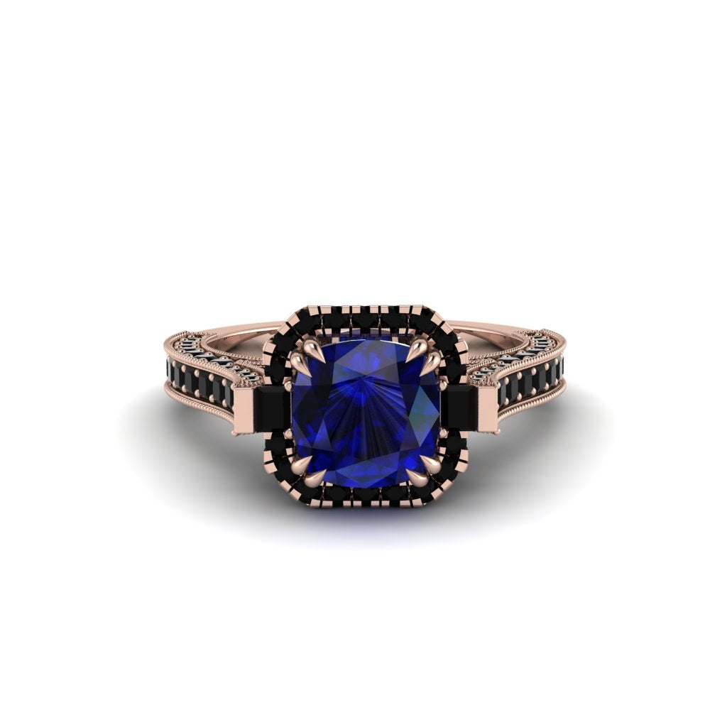Sapphire Three Halo Milgrain Engagement Ring - Mira No. 44