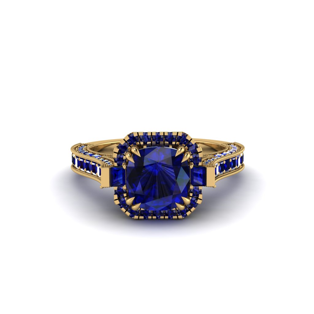Sapphire Three Halo Milgrain Engagement Ring - Mira No. 73