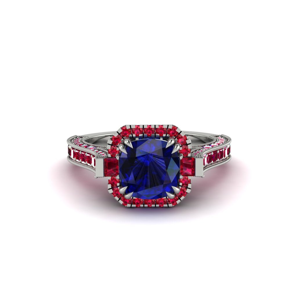 Sapphire Three Halo Milgrain Engagement Ring - Mira No. 60