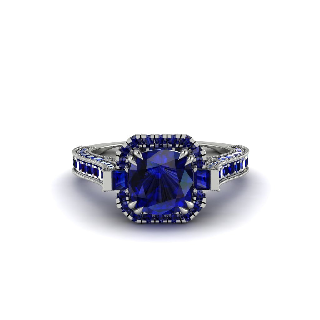 Sapphire Three Halo Milgrain Engagement Ring - Mira No. 75