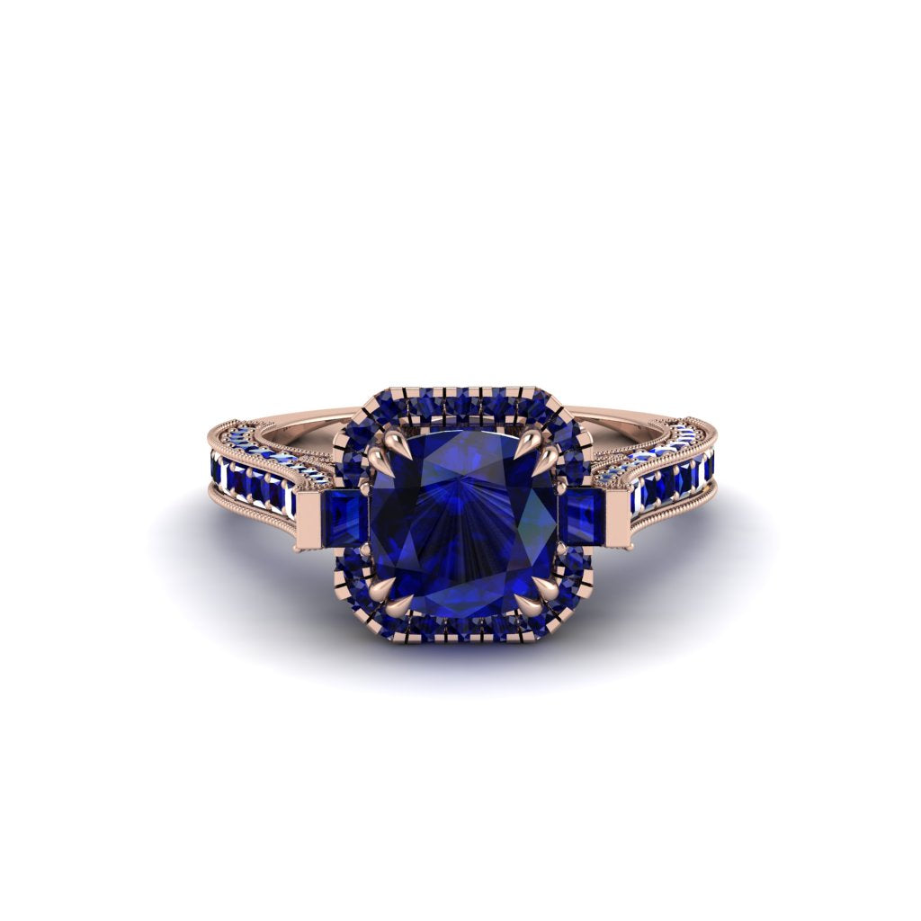 Sapphire Three Halo Milgrain Engagement Ring - Mira No. 74