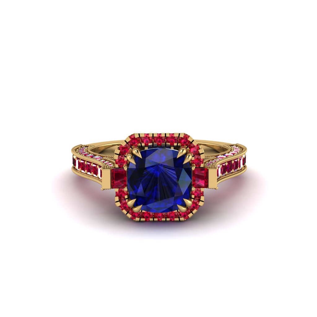 Sapphire Three Halo Milgrain Engagement Ring - Mira No. 58