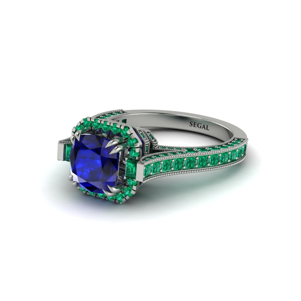 Sapphire Three Halo Milgrain Engagement Ring - Mira No. 30