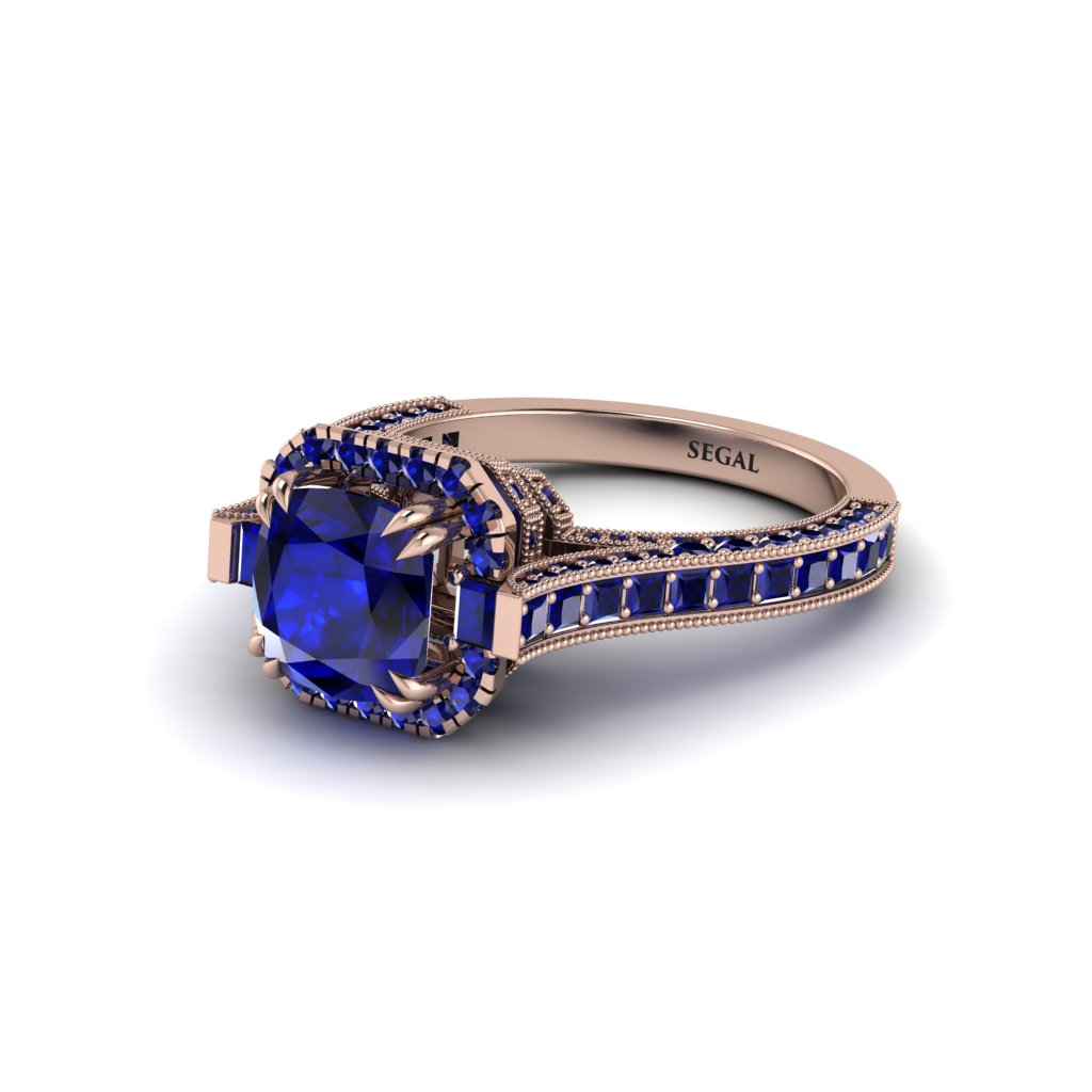 Sapphire Three Halo Milgrain Engagement Ring - Mira No. 74