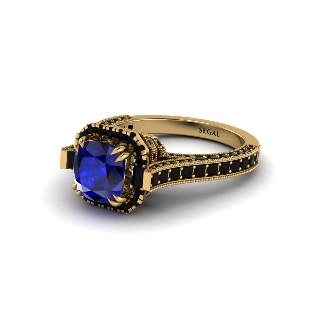 Sapphire Three Halo Milgrain Engagement Ring - Mira No. 43