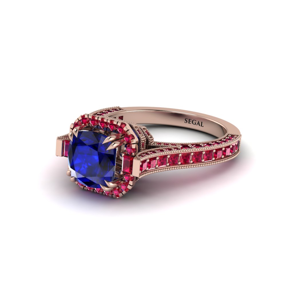 Sapphire Three Halo Milgrain Engagement Ring - Mira No. 59