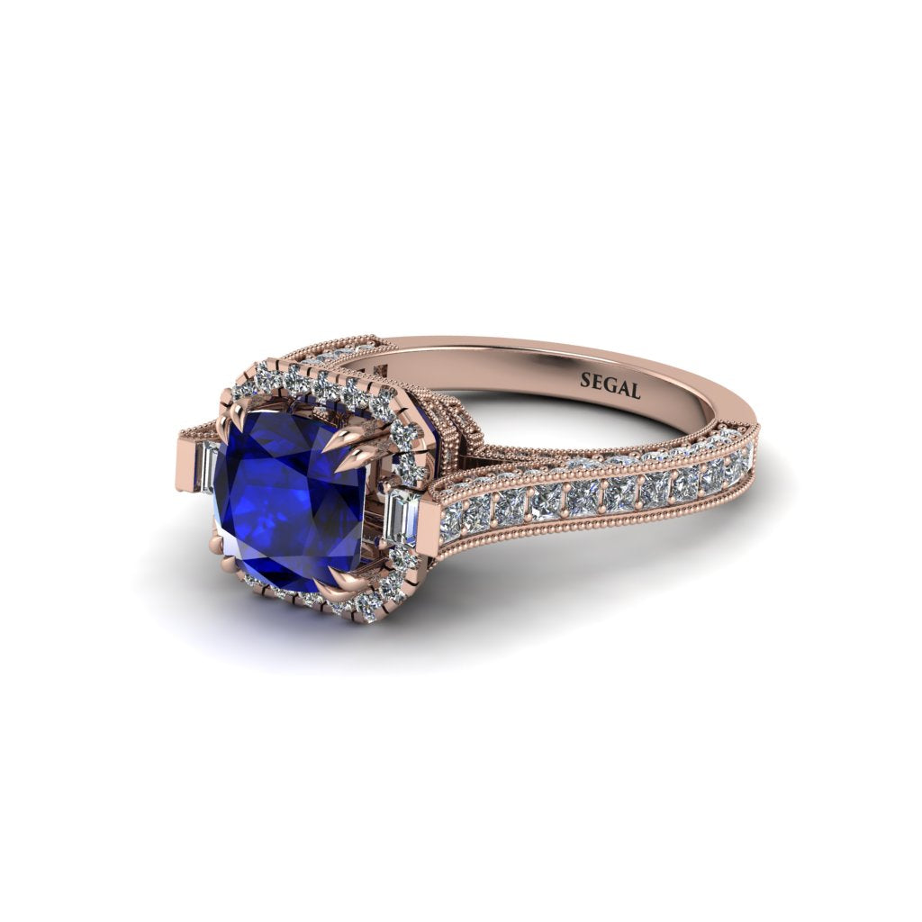Sapphire Three Halo Milgrain Engagement Ring - Mira No. 14