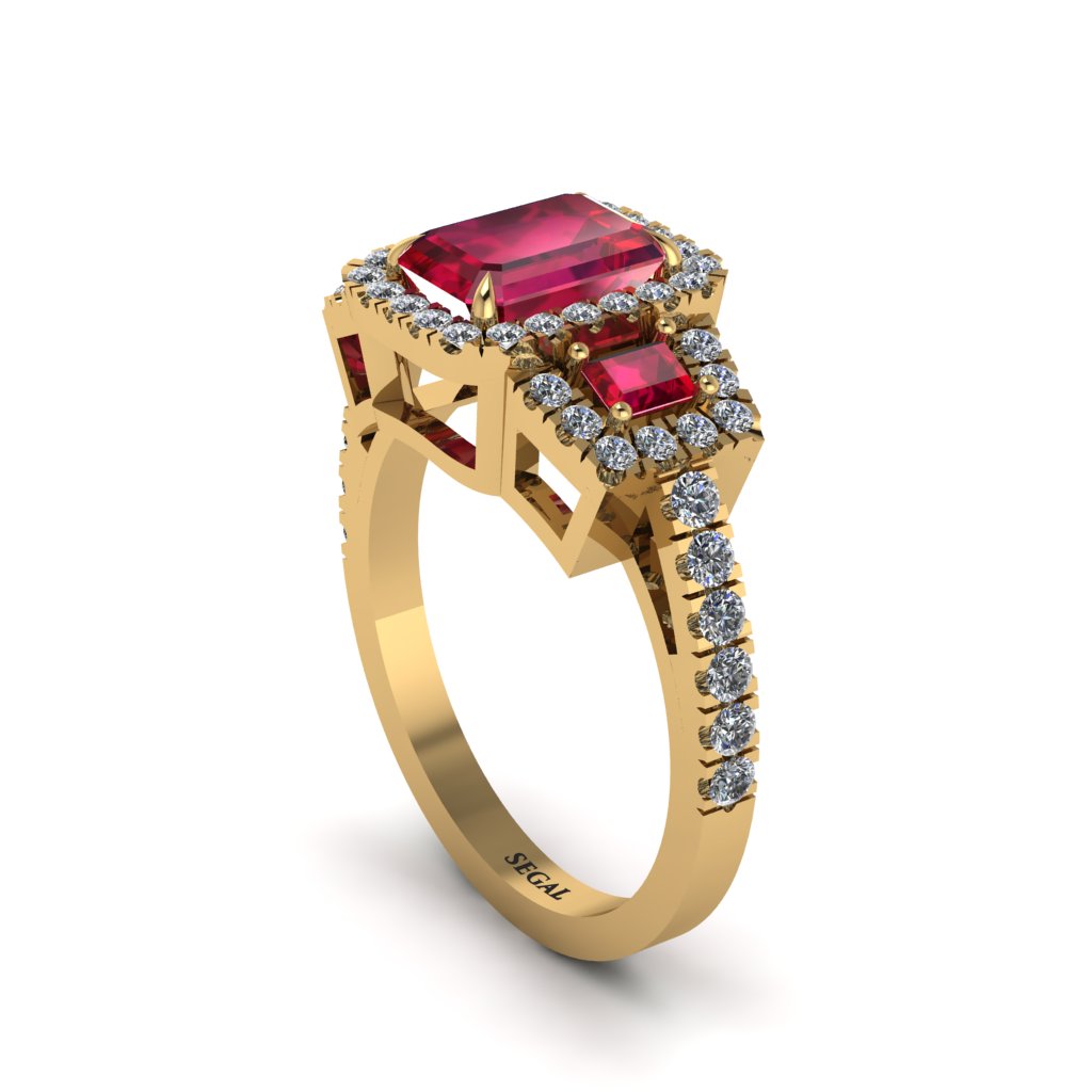 Ruby Three Halo Radiance Engagement Ring - Emely No. 10