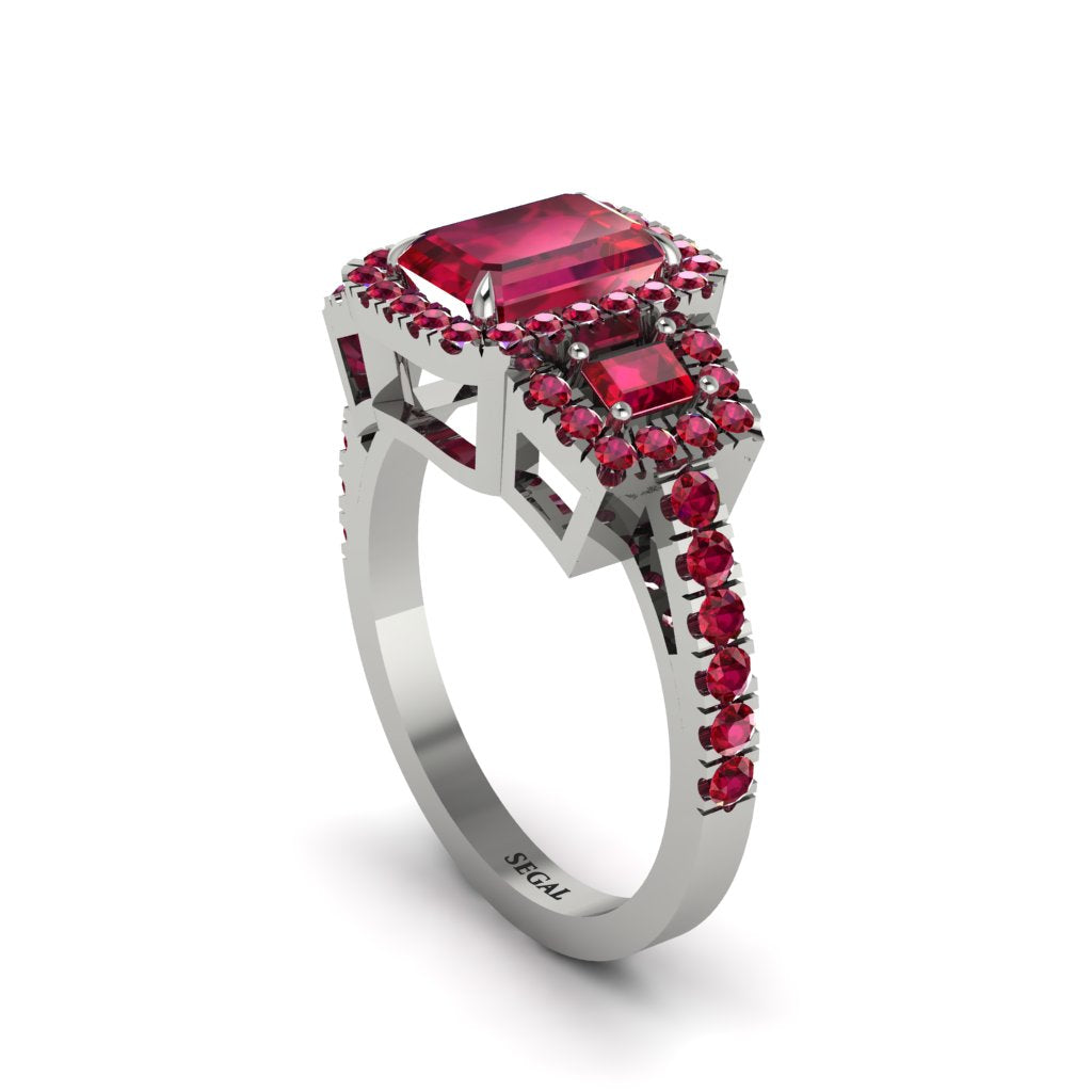 Ruby Three Halo Radiance Engagement Ring - Emely No. 57