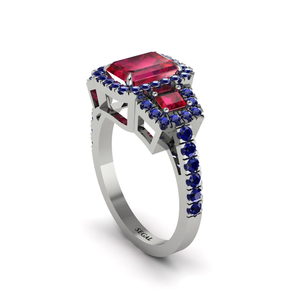 Ruby Three Halo Radiance Engagement Ring - Emely No. 72