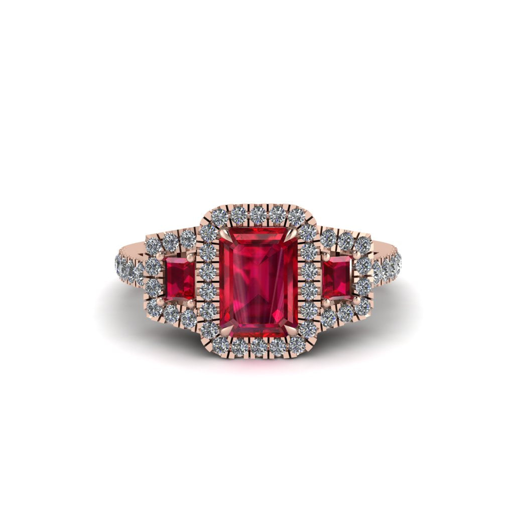 Ruby Three Halo Radiance Engagement Ring - Emely No. 11