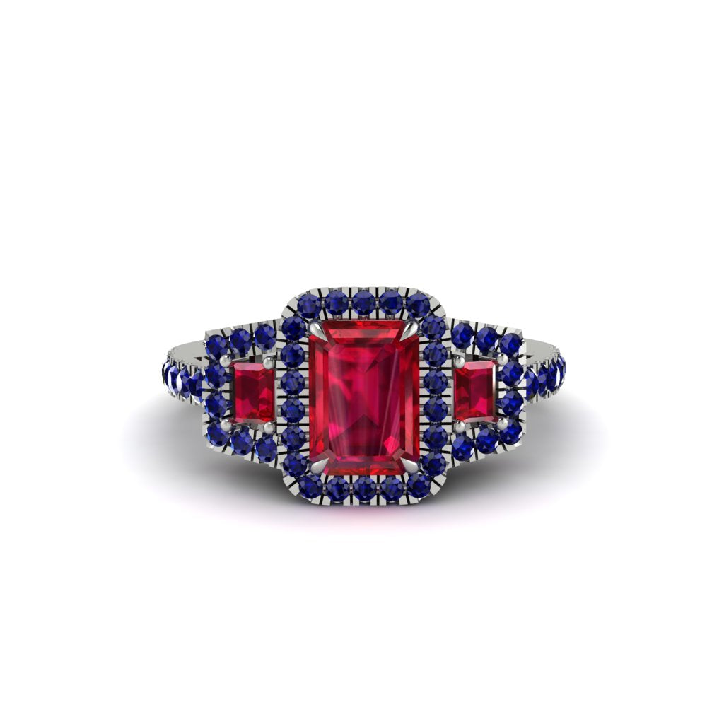 Ruby Three Halo Radiance Engagement Ring - Emely No. 72