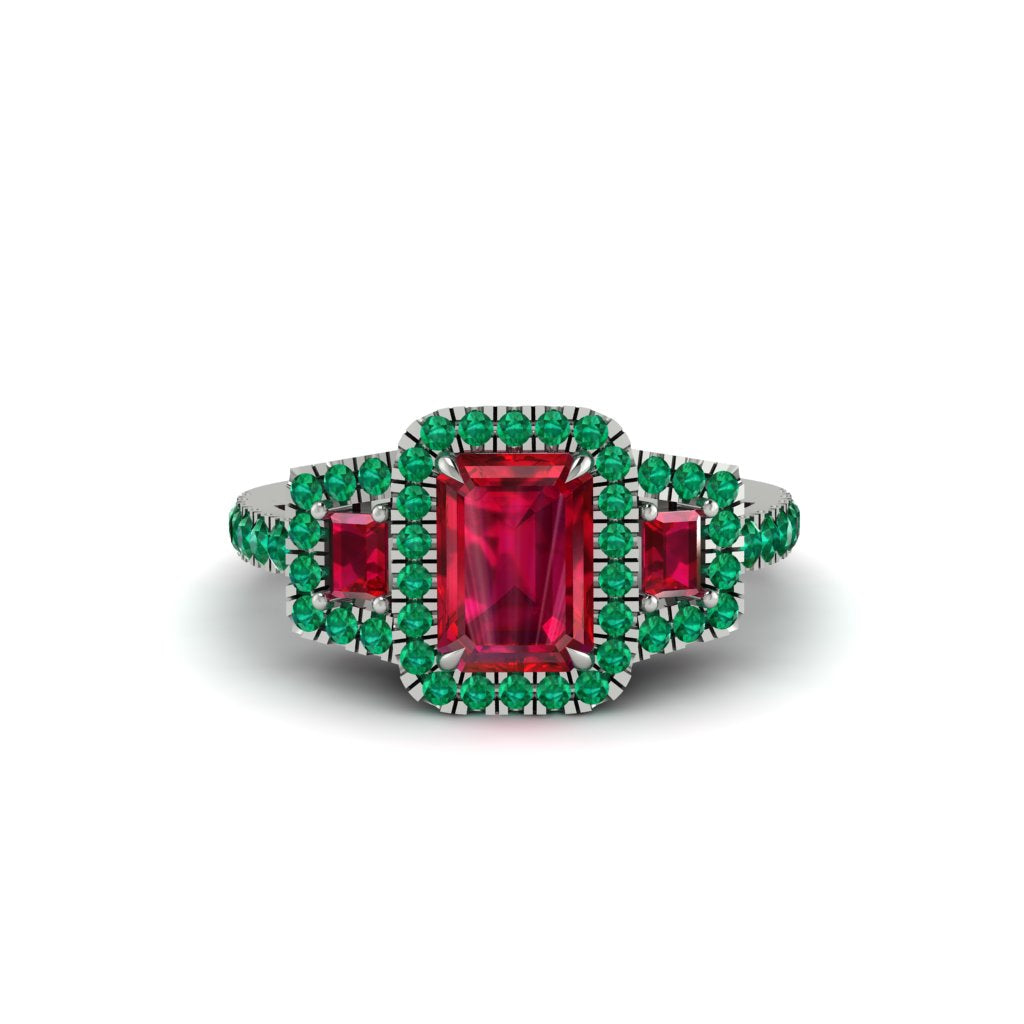 Ruby Three Halo Radiance Engagement Ring - Emely No. 27
