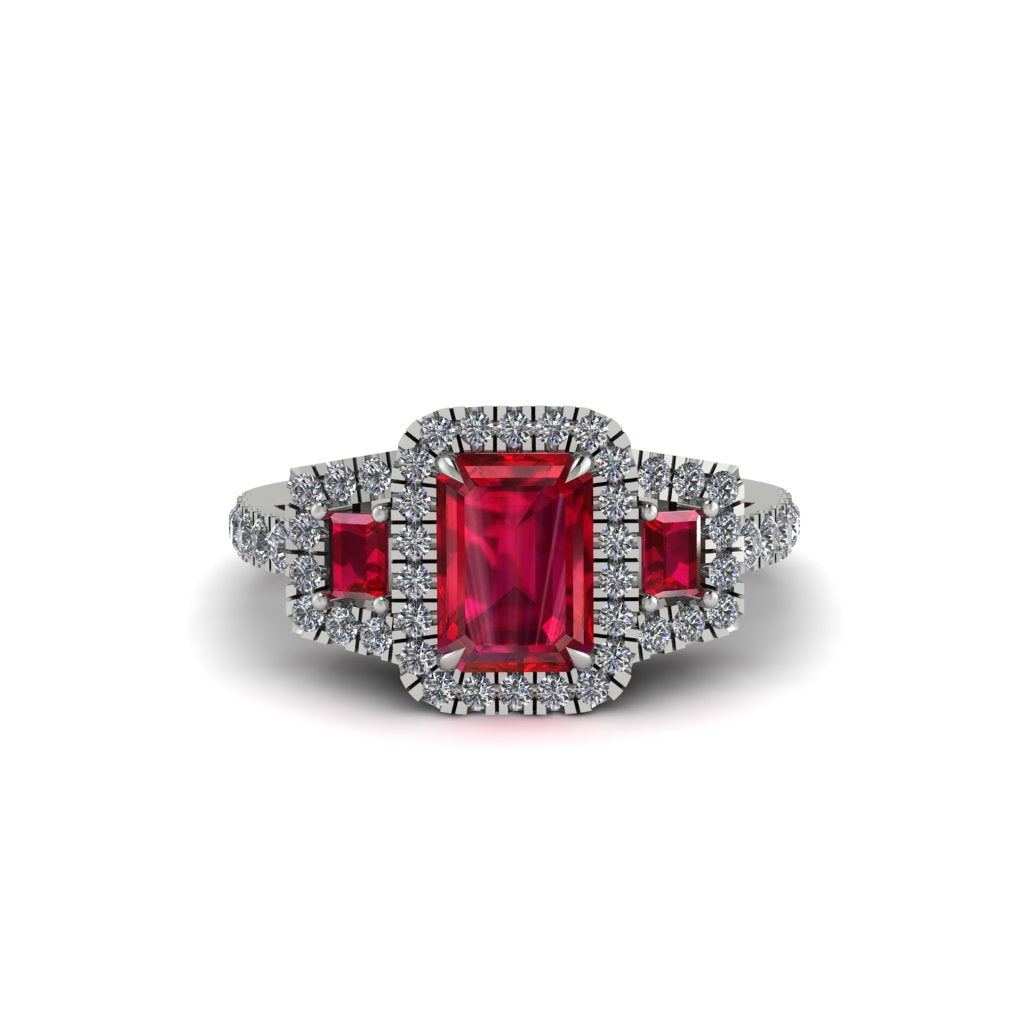 Ruby Three Halo Radiance Engagement Ring - Emely No. 12