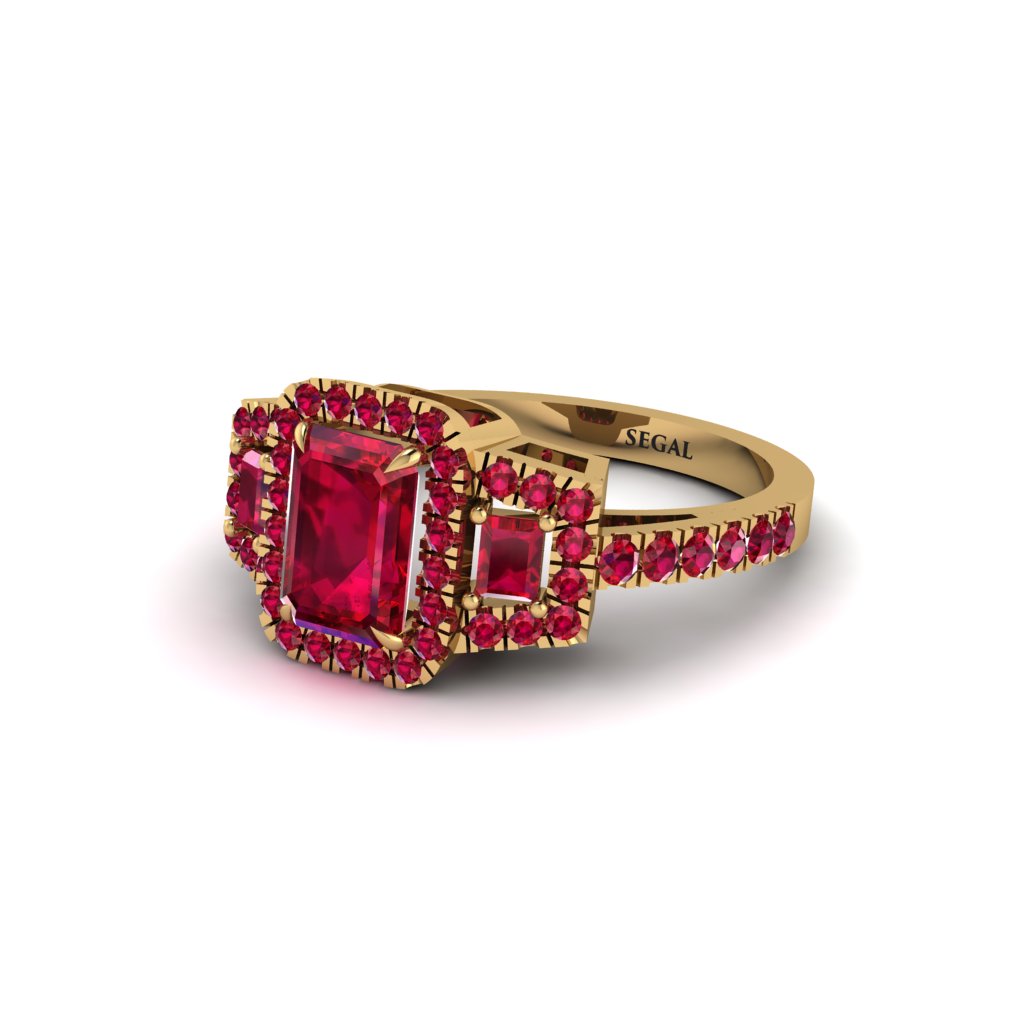 Ruby Three Halo Radiance Engagement Ring - Emely No. 55
