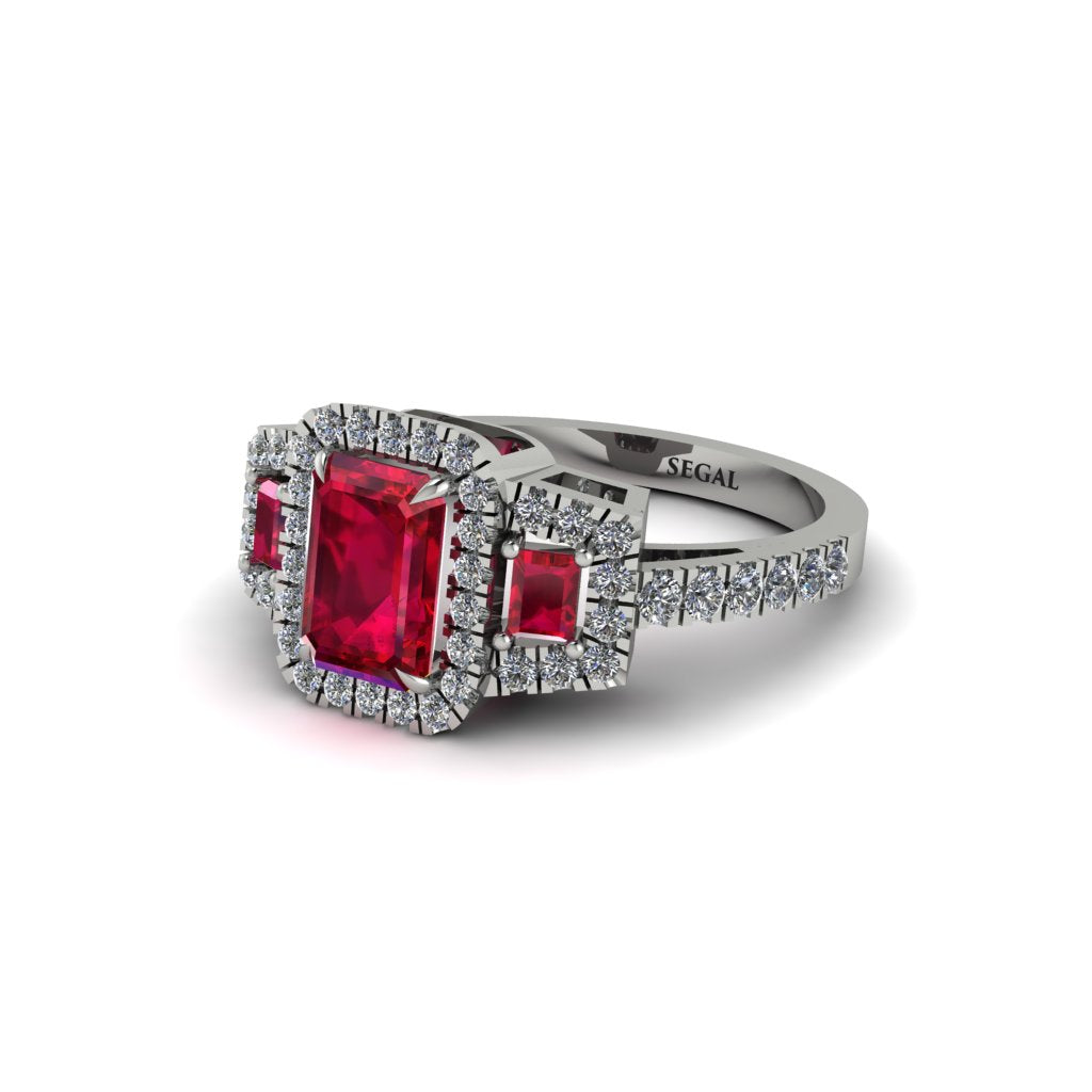 Ruby Three Halo Radiance Engagement Ring - Emely No. 12