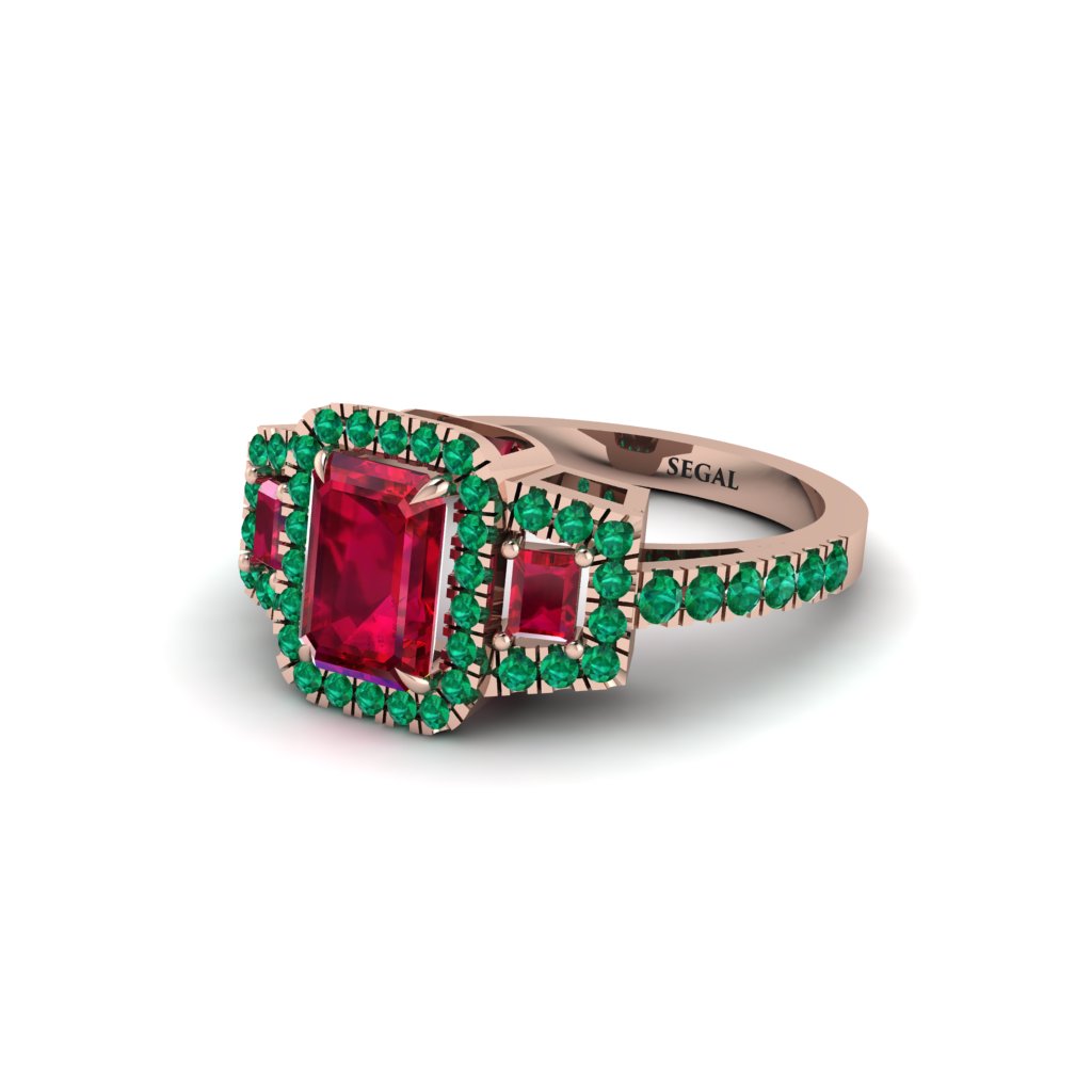 Ruby Three Halo Radiance Engagement Ring - Emely No. 26